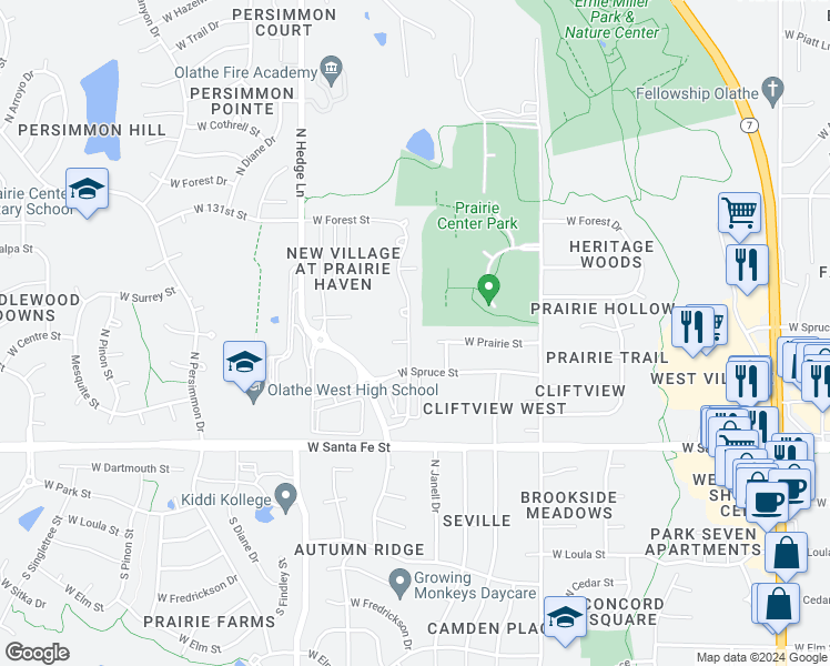 map of restaurants, bars, coffee shops, grocery stores, and more near 326 North Ferrel Street in Olathe
