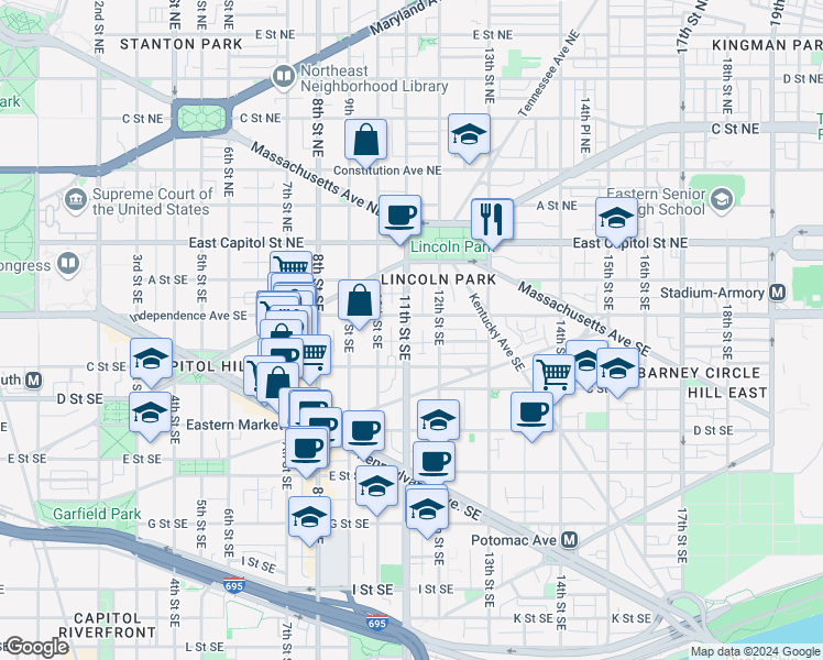 map of restaurants, bars, coffee shops, grocery stores, and more near 214 11th Street Southeast in Washington