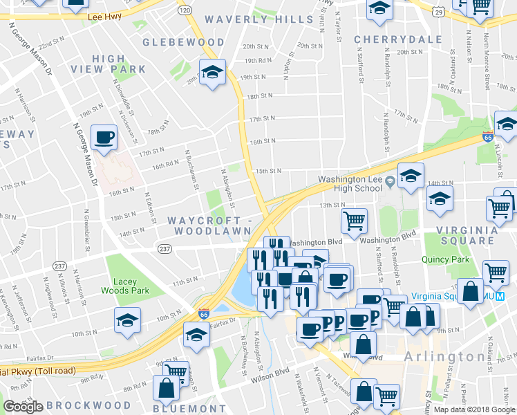 map of restaurants, bars, coffee shops, grocery stores, and more near 1300 North Glebe Road in Arlington