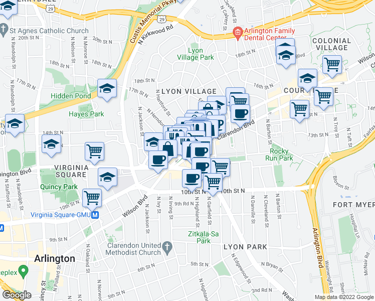 map of restaurants, bars, coffee shops, grocery stores, and more near Wilson Boulevard & North Herndon Street in Arlington