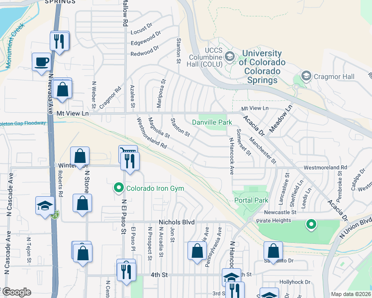 map of restaurants, bars, coffee shops, grocery stores, and more near 1045 Magnolia Street in Colorado Springs