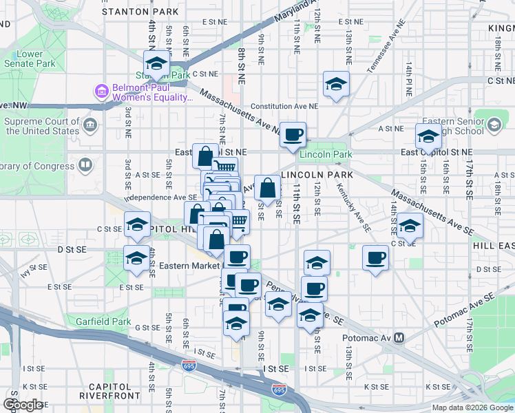map of restaurants, bars, coffee shops, grocery stores, and more near 101 Independence Avenue Southeast in Washington