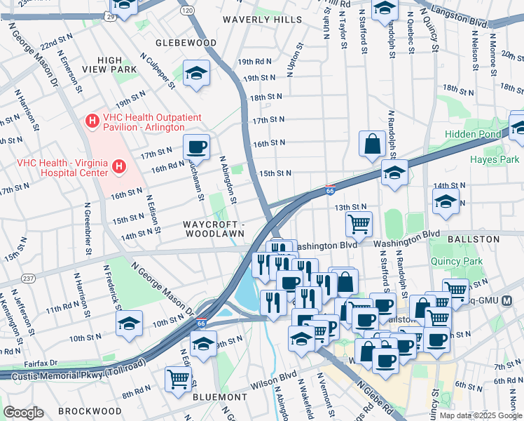 map of restaurants, bars, coffee shops, grocery stores, and more near 1300 North Glebe Road in Arlington