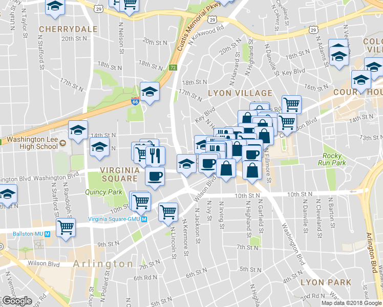 map of restaurants, bars, coffee shops, grocery stores, and more near 1206 North Jackson Street in Arlington