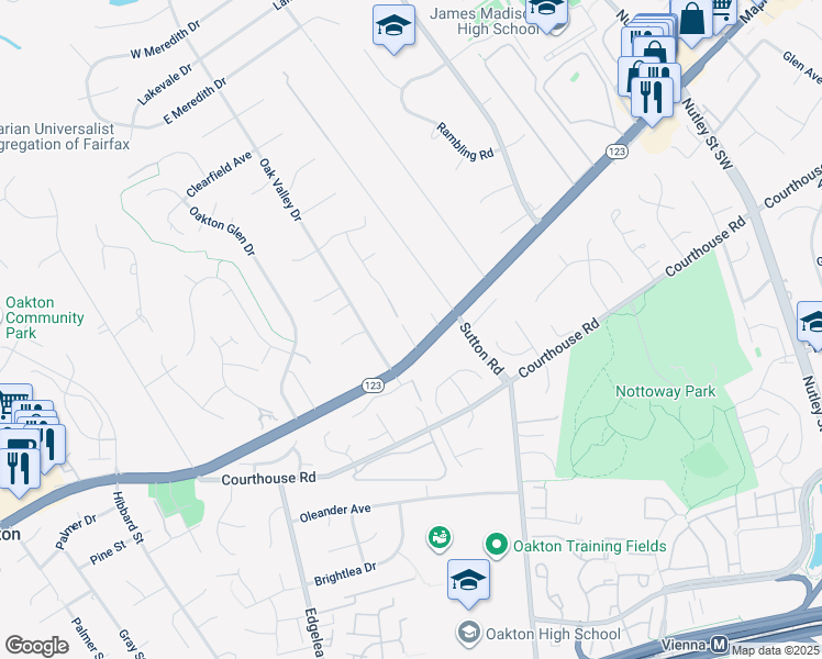 map of restaurants, bars, coffee shops, grocery stores, and more near 2722 Chain Bridge Road in Vienna