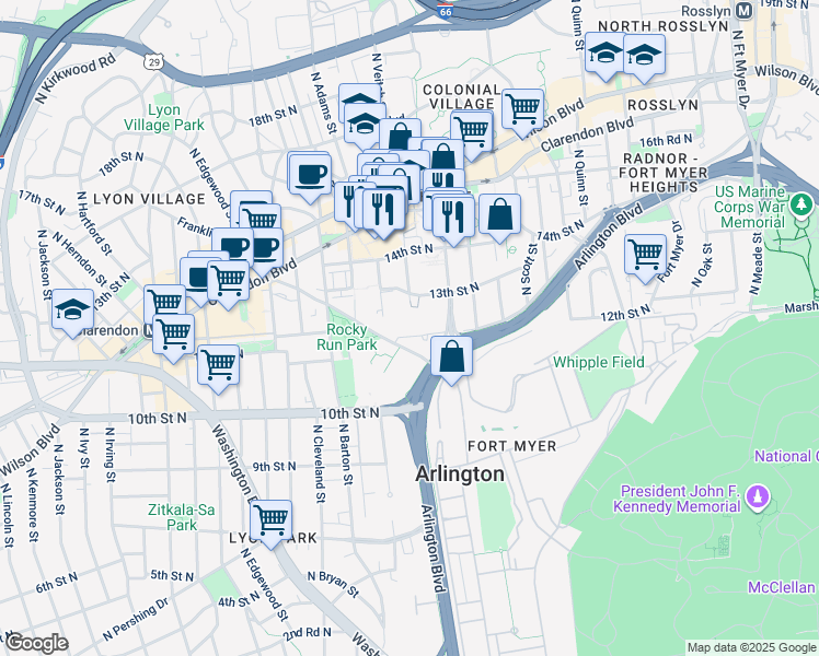 map of restaurants, bars, coffee shops, grocery stores, and more near 2221 12th Court North in Arlington