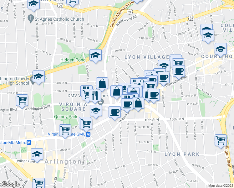 map of restaurants, bars, coffee shops, grocery stores, and more near 1206 North Jackson Street in Arlington