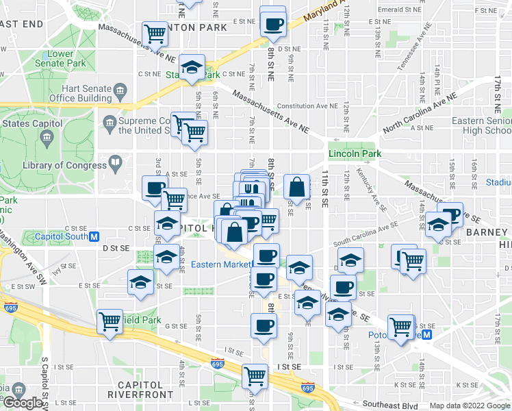 map of restaurants, bars, coffee shops, grocery stores, and more near 701 North Carolina Avenue Southeast in Washington