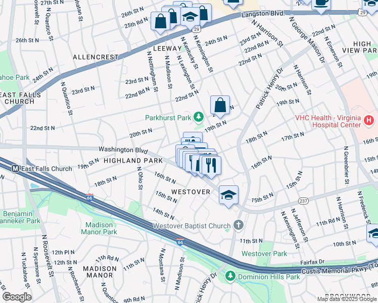 map of restaurants, bars, coffee shops, grocery stores, and more near 5901 18th Street North in Arlington
