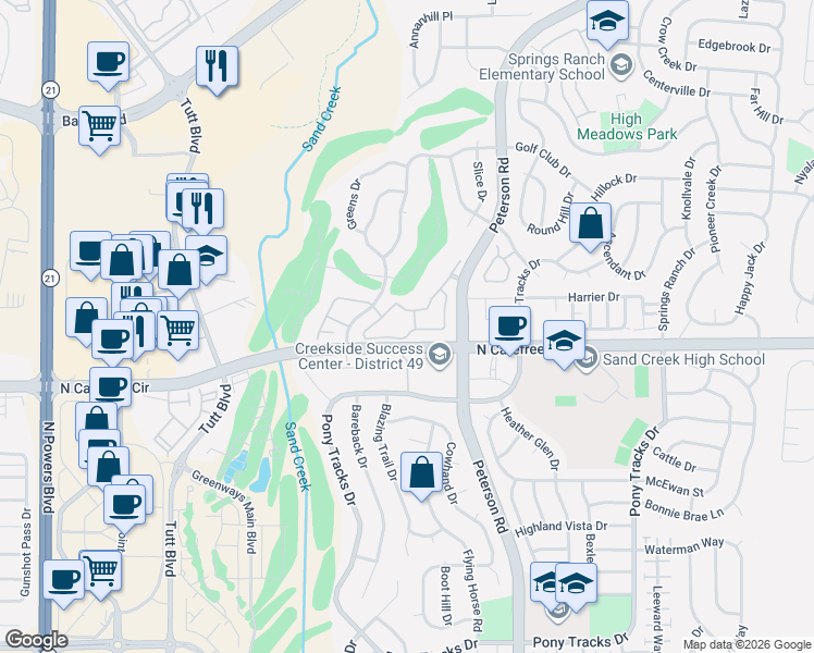 map of restaurants, bars, coffee shops, grocery stores, and more near 3815 Riviera Grove in Colorado Springs