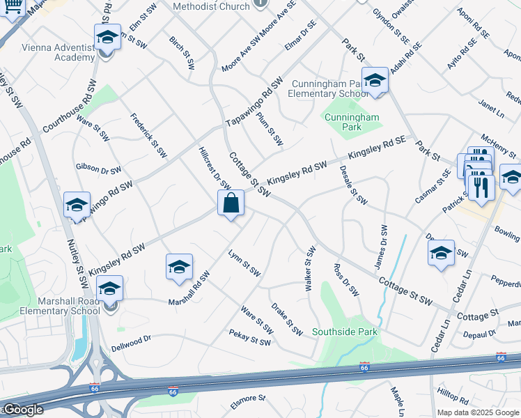 map of restaurants, bars, coffee shops, grocery stores, and more near 1012 Hillcrest Drive Southwest in Vienna