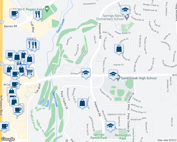 map of restaurants, bars, coffee shops, grocery stores, and more near 3731 Riviera Grove in Colorado Springs