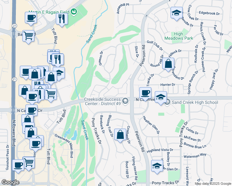 map of restaurants, bars, coffee shops, grocery stores, and more near 3895 Riviera Grove in Colorado Springs