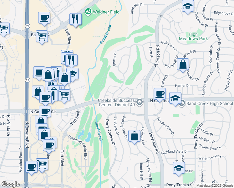 map of restaurants, bars, coffee shops, grocery stores, and more near 3880 Riviera Grove in Colorado Springs