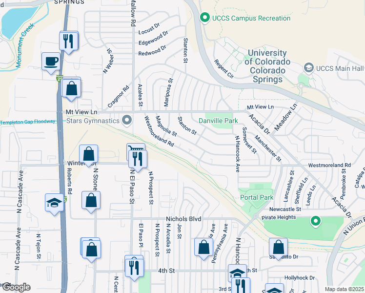 map of restaurants, bars, coffee shops, grocery stores, and more near 1045 Magnolia Street in Colorado Springs