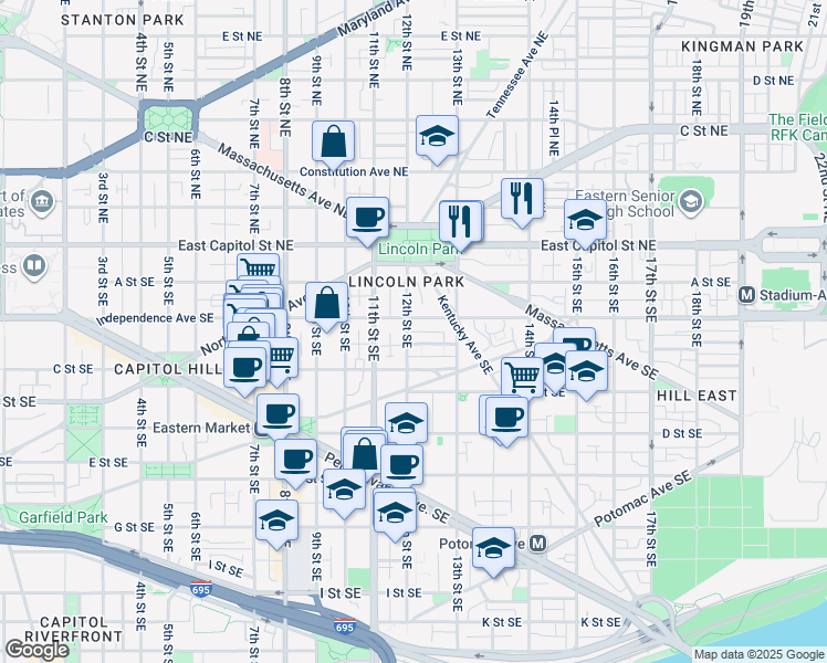 map of restaurants, bars, coffee shops, grocery stores, and more near 101 Independence Avenue Southeast in Washington