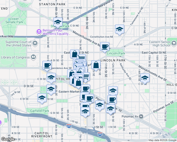 map of restaurants, bars, coffee shops, grocery stores, and more near 101 Independence Avenue Southeast in Washington