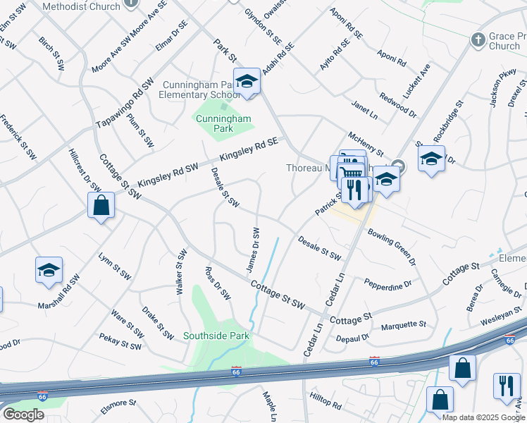 map of restaurants, bars, coffee shops, grocery stores, and more near 101 James Drive Southeast in Vienna