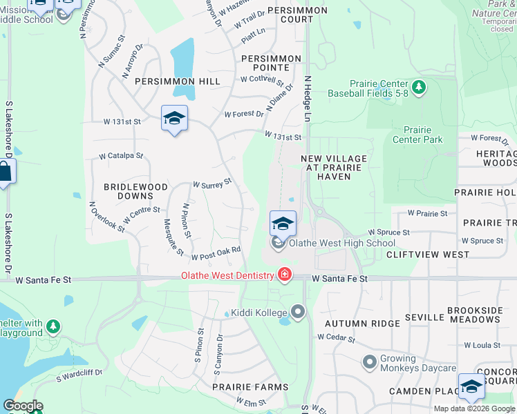 map of restaurants, bars, coffee shops, grocery stores, and more near 416 North Persimmon Drive in Olathe