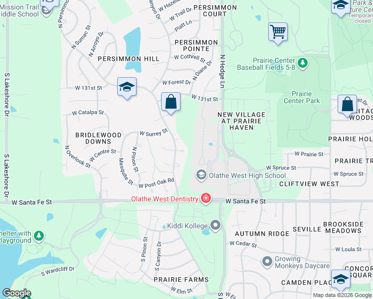 map of restaurants, bars, coffee shops, grocery stores, and more near 416 North Persimmon Drive in Olathe