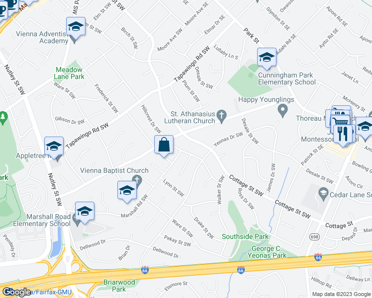 map of restaurants, bars, coffee shops, grocery stores, and more near 1012 Hillcrest Drive Southwest in Vienna