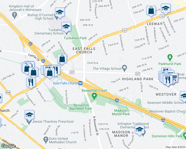 map of restaurants, bars, coffee shops, grocery stores, and more near 6404 Washington Boulevard in Arlington