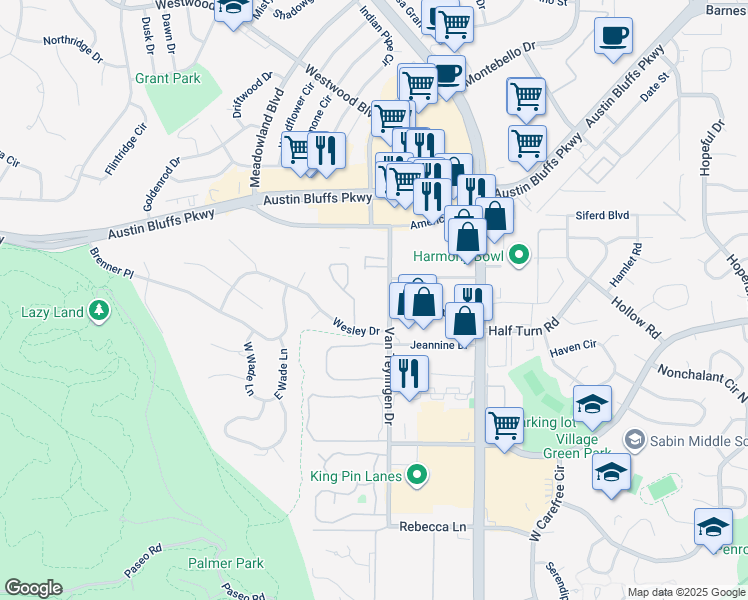map of restaurants, bars, coffee shops, grocery stores, and more near 3830 Van Teylingen Drive in Colorado Springs