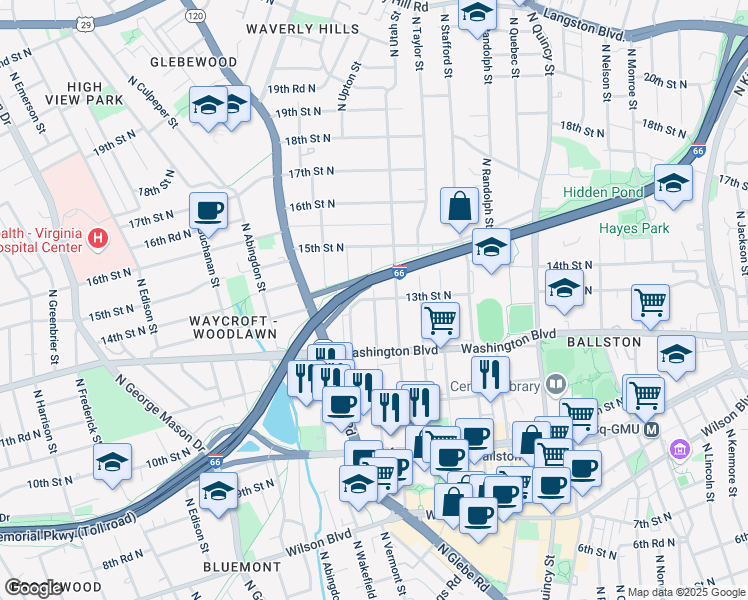 map of restaurants, bars, coffee shops, grocery stores, and more near 13th St N & N Vermont St in Arlington