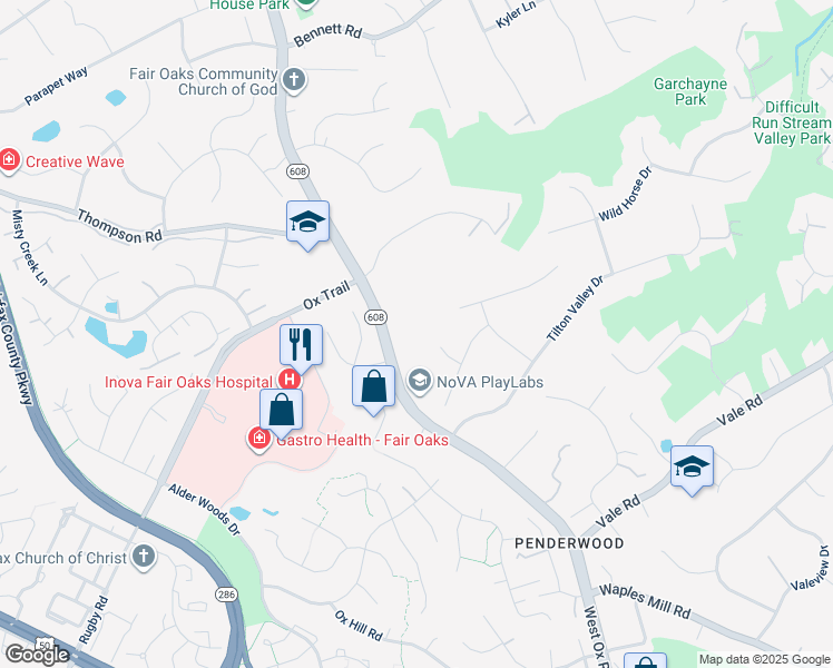 map of restaurants, bars, coffee shops, grocery stores, and more near 3521 West Ox Road in Fairfax