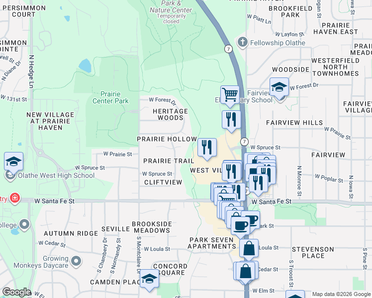 map of restaurants, bars, coffee shops, grocery stores, and more near 1370 West Prairie Court in Olathe