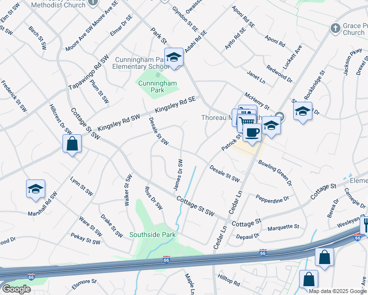 map of restaurants, bars, coffee shops, grocery stores, and more near 101 James Drive Southeast in Vienna
