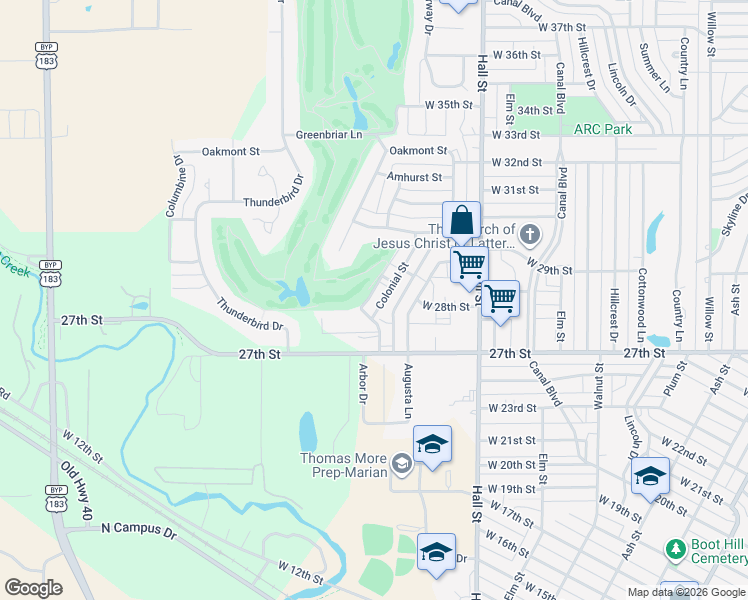 map of restaurants, bars, coffee shops, grocery stores, and more near 2733 Colonial Street in Hays