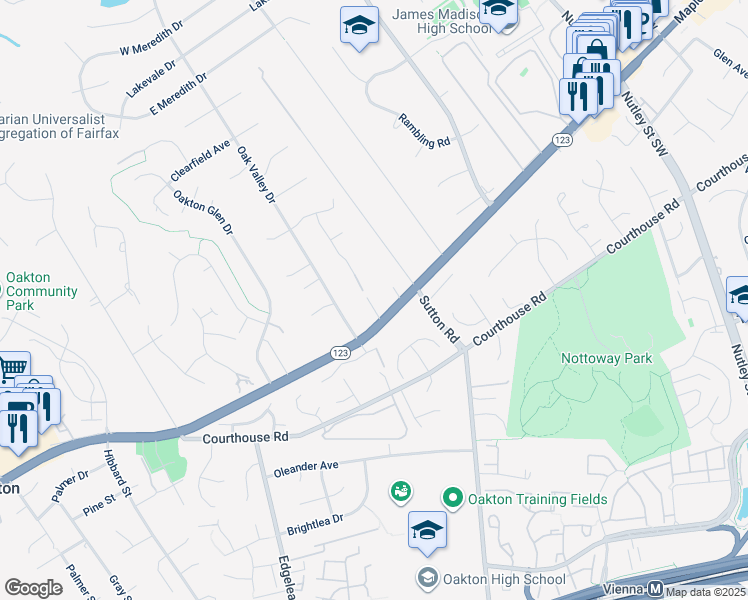 map of restaurants, bars, coffee shops, grocery stores, and more near 2722 Chain Bridge Road in Vienna