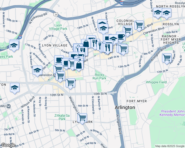 map of restaurants, bars, coffee shops, grocery stores, and more near 2502 North Fairfax Drive in Arlington