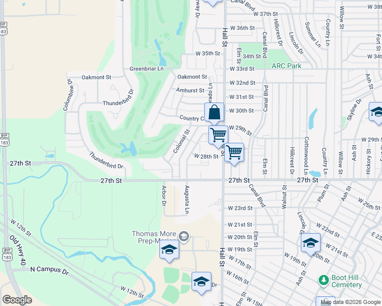 map of restaurants, bars, coffee shops, grocery stores, and more near 2742 Augusta Lane in Hays