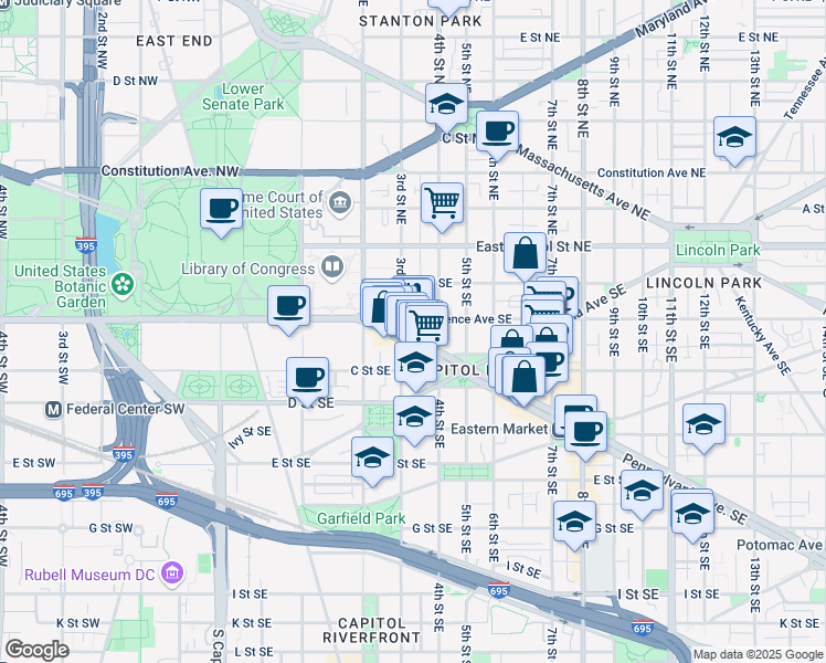 map of restaurants, bars, coffee shops, grocery stores, and more near 101 Independence Avenue Southeast in Washington