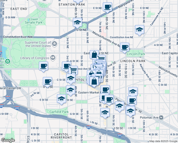 map of restaurants, bars, coffee shops, grocery stores, and more near 210 6th Street Southeast in Washington