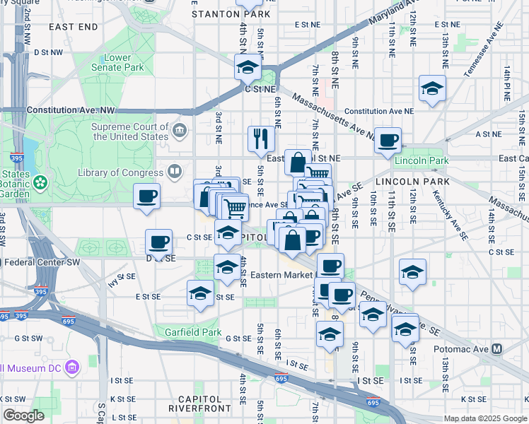 map of restaurants, bars, coffee shops, grocery stores, and more near 208 5th Street Southeast in Washington
