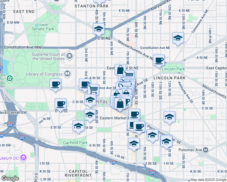 map of restaurants, bars, coffee shops, grocery stores, and more near 210 6th Street Southeast in Washington