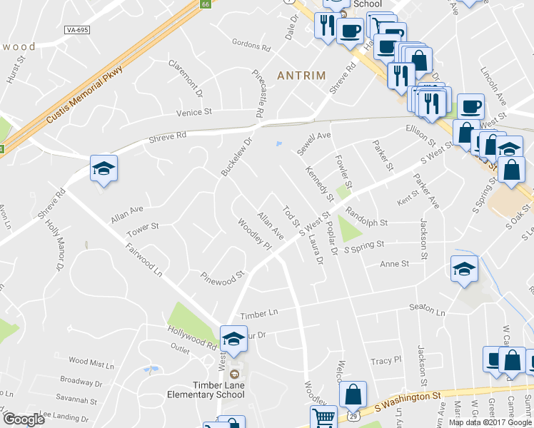 map of restaurants, bars, coffee shops, grocery stores, and more near 7234 Allan Avenue in Falls Church