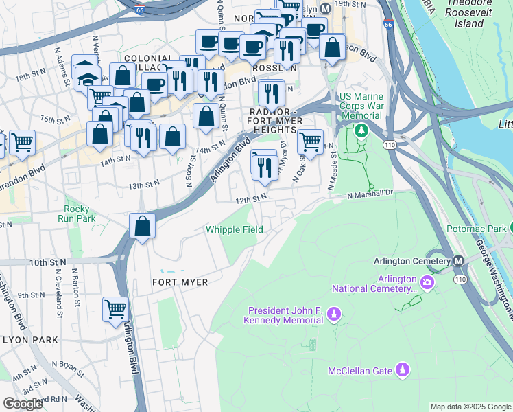map of restaurants, bars, coffee shops, grocery stores, and more near 317 Custer Road in Arlington