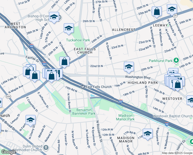 map of restaurants, bars, coffee shops, grocery stores, and more near 6404 Washington Boulevard in Arlington