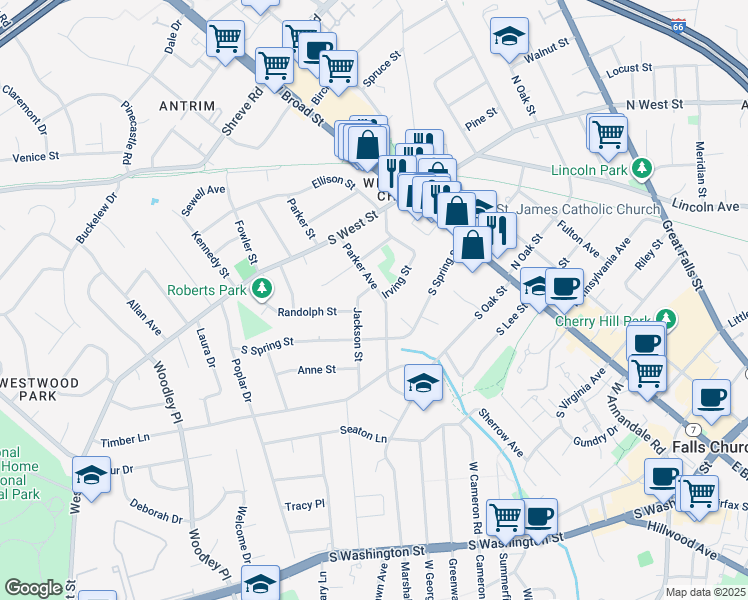 map of restaurants, bars, coffee shops, grocery stores, and more near 713 Parker Avenue in Falls Church