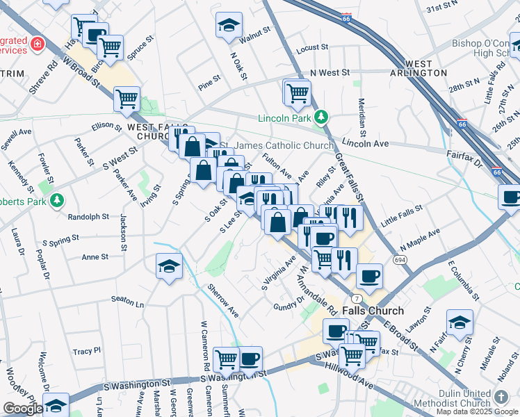 map of restaurants, bars, coffee shops, grocery stores, and more near 502 West Broad Street in Falls Church