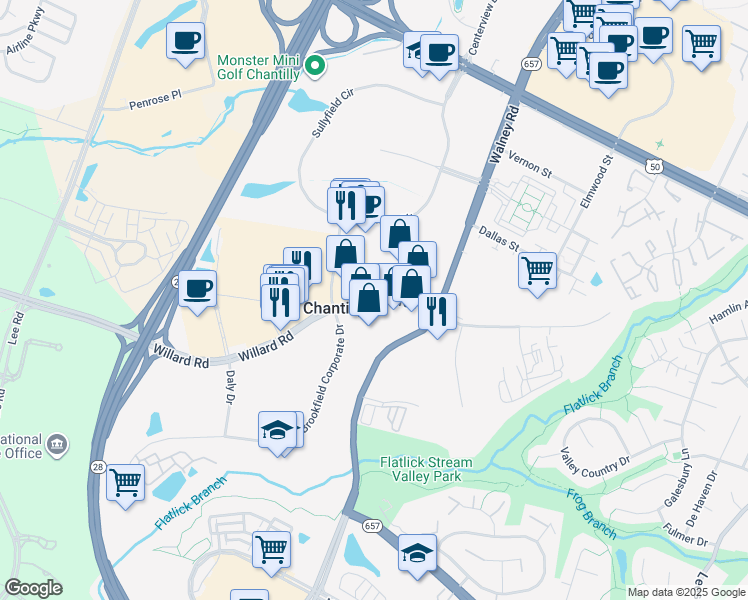 map of restaurants, bars, coffee shops, grocery stores, and more near 3975 Virginia Mallory Drive in Chantilly