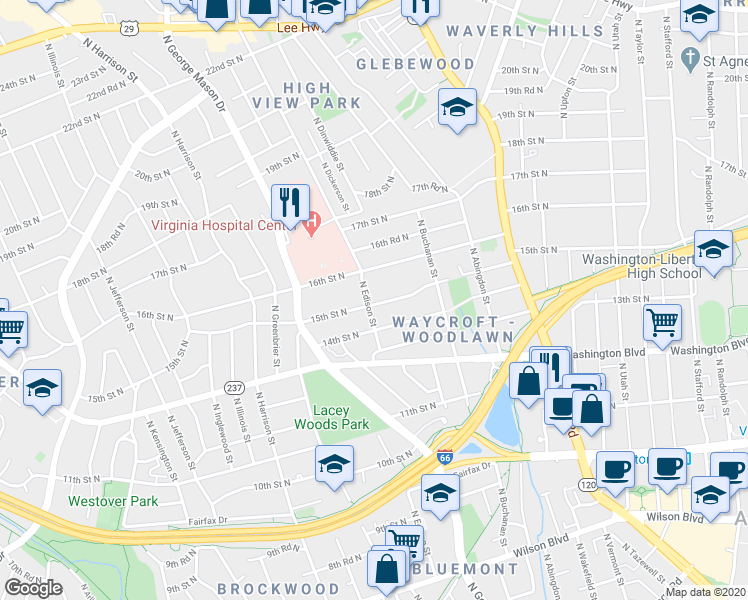 map of restaurants, bars, coffee shops, grocery stores, and more near 1503 North Edison Street in Arlington