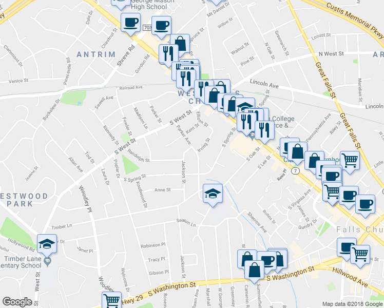 map of restaurants, bars, coffee shops, grocery stores, and more near 713 Parker Avenue in Falls Church