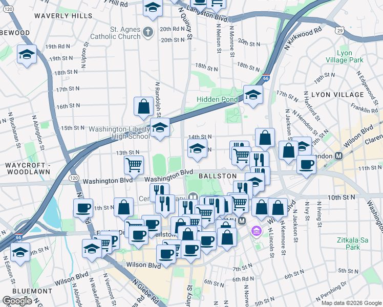 map of restaurants, bars, coffee shops, grocery stores, and more near 3830 13th Street North in Arlington