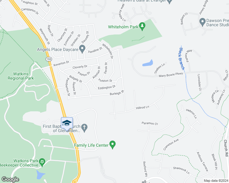 map of restaurants, bars, coffee shops, grocery stores, and more near 13208 Burleigh Street in Upper Marlboro