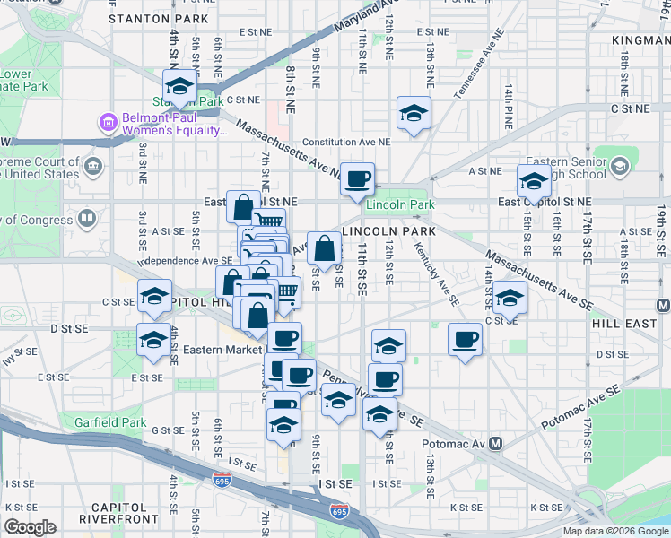 map of restaurants, bars, coffee shops, grocery stores, and more near 101 Independence Avenue Southeast in Washington